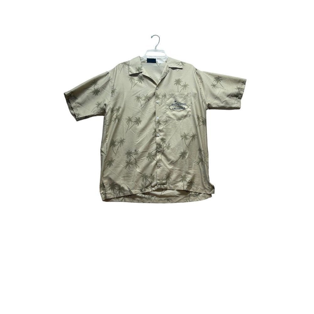 Las Vegas Palm Trees short sleeve button up MENS M Khaki Beige Retro